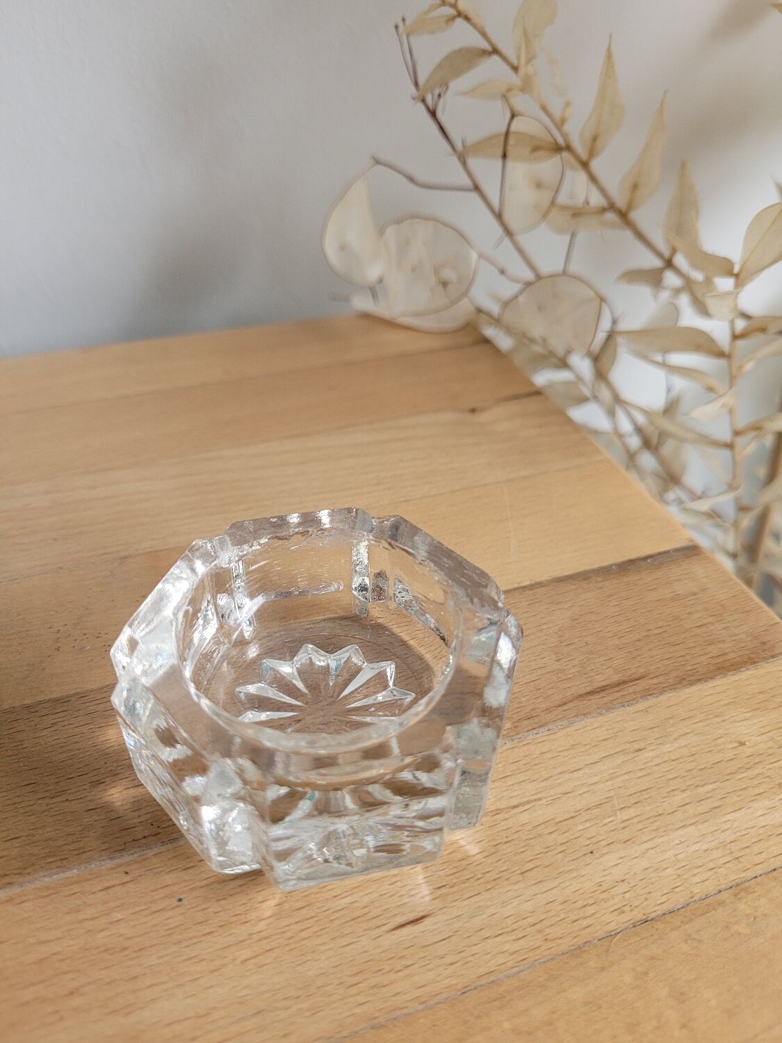 Small hexagonal molded glass candle holder