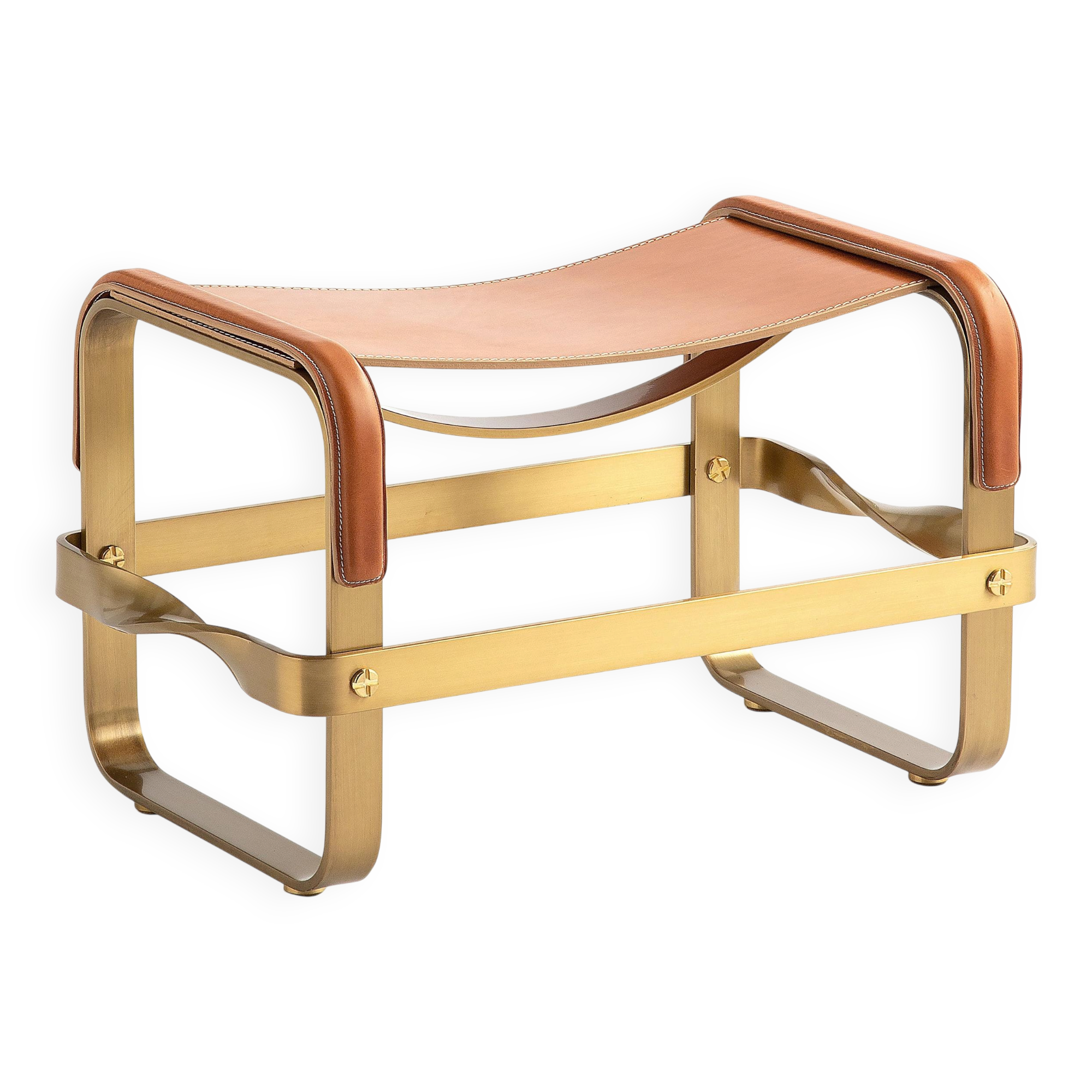 Footrest in Aged Brass and Natural Leather, Contemporary Style