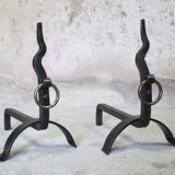 Pair of vintage wrought iron modernist andirons
