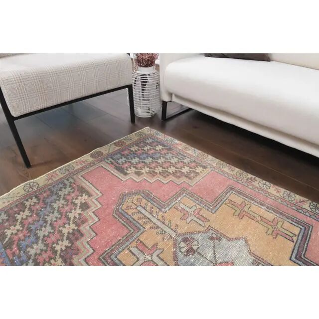 Vintage Turkish Oushak handmade wool cotton pink area rug 106x167