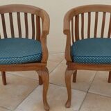2 Colonial armchairs in natural solid wood with cane seats