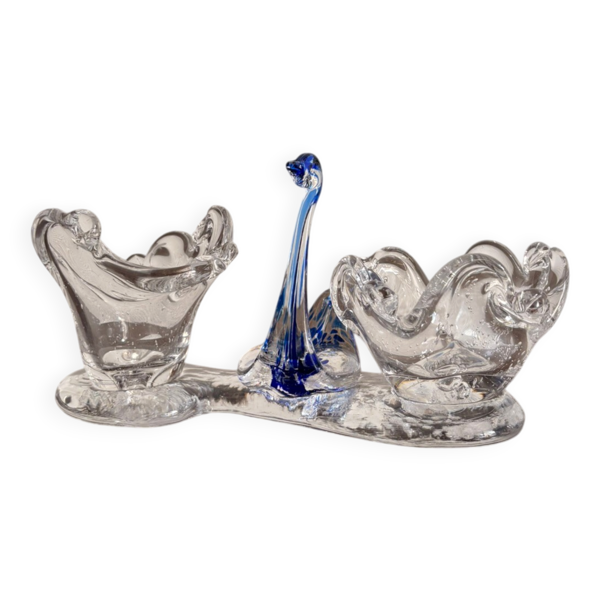 Double salt and pepper shaker, swan dragée, cobalt blue Murano glass.