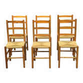 Lot de 6 chaises style brutaliste en pin massif et paille tressée 1970