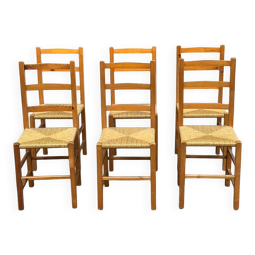 Lot de 6 chaises style brutaliste en pin massif et paille tressée 1970