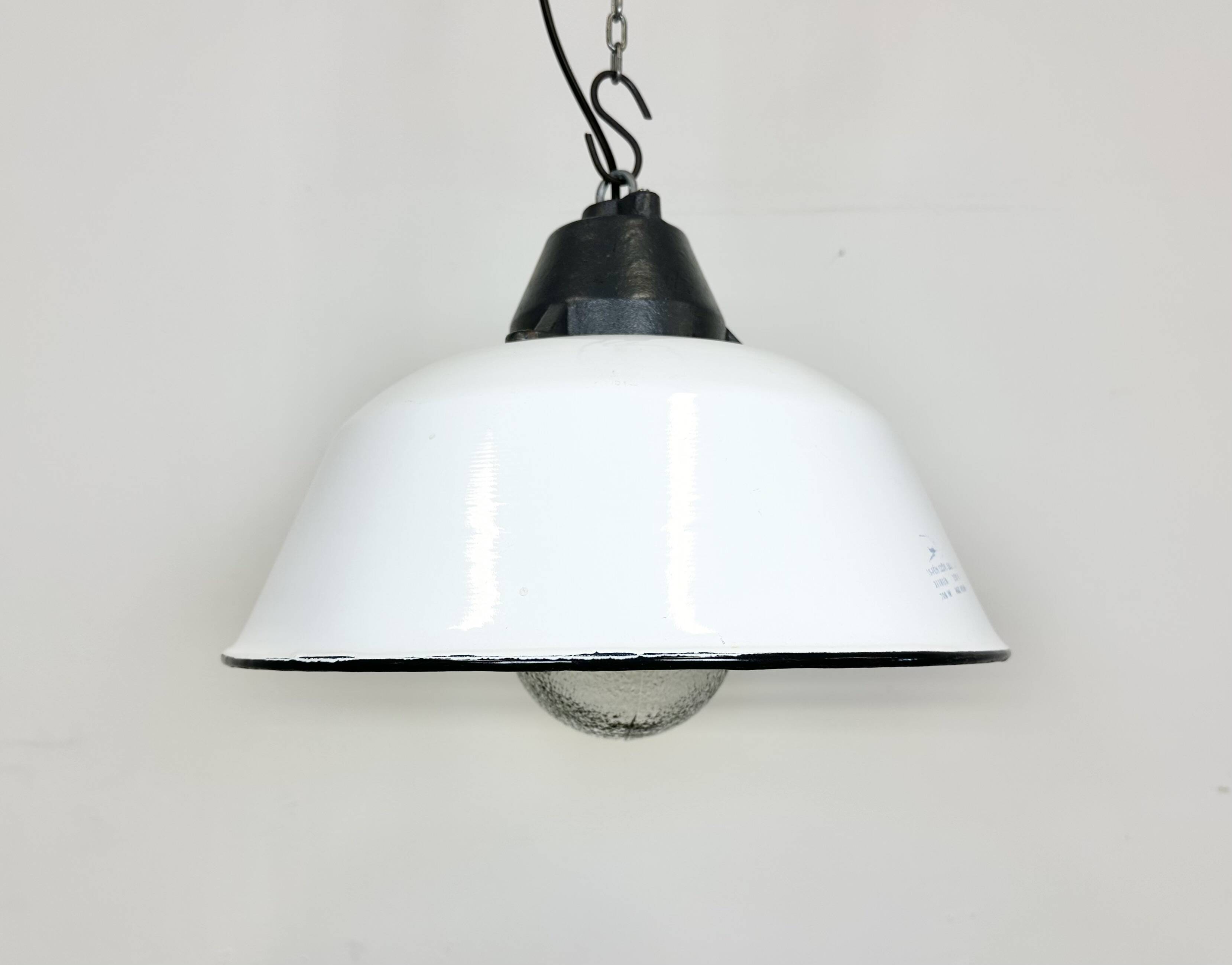 White enamel and cast iron industrial pendant light with glass cover, 1960s