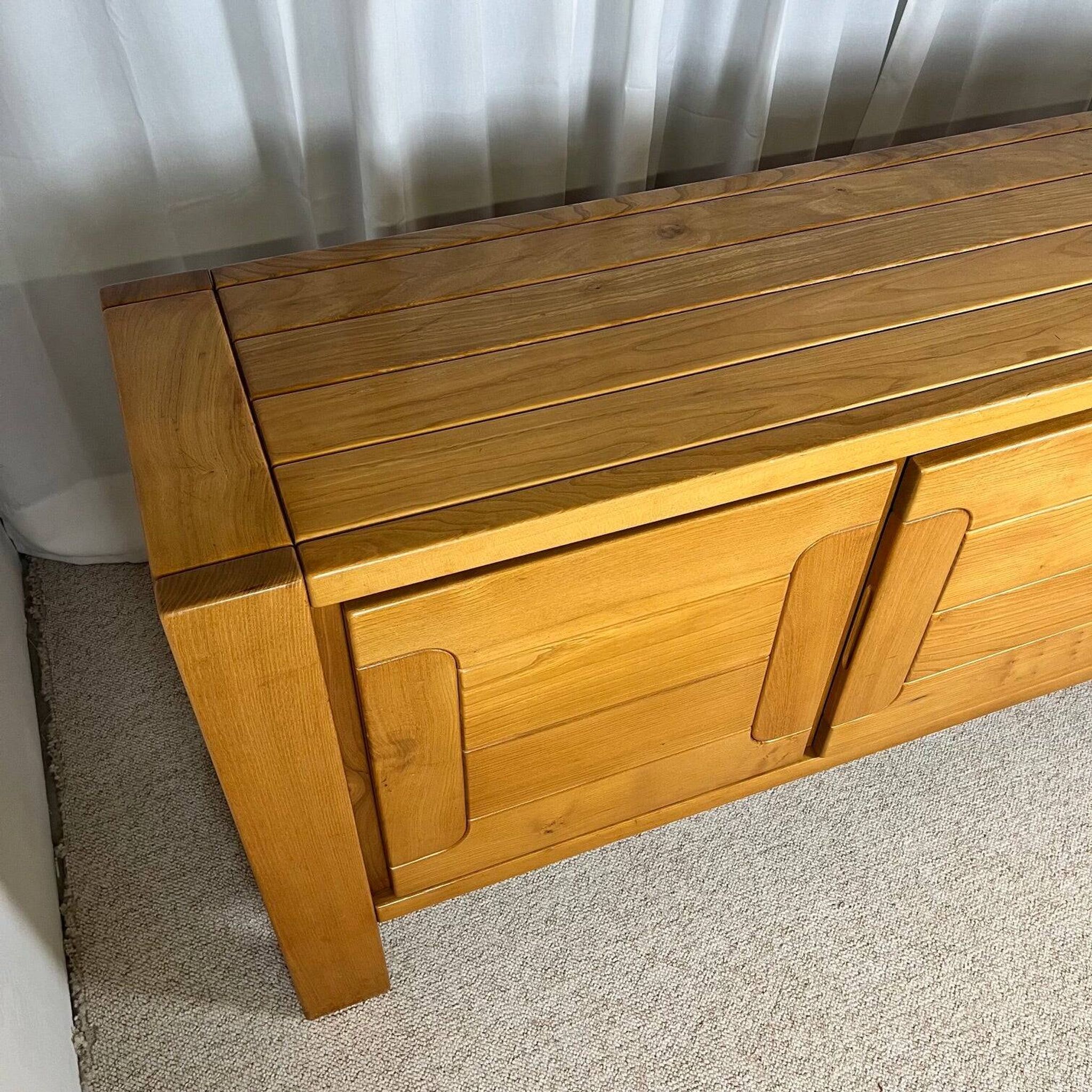 Large French sideboard in solid elm, 1970, attributed to Atelier Chauvin.