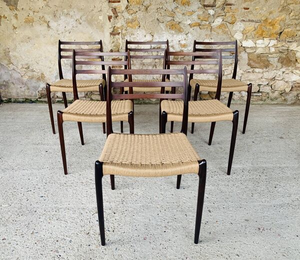 Ensemble de 6 chaises, modèle 78 en palissandre, première édition par Niels Moller, circa 1962-1970