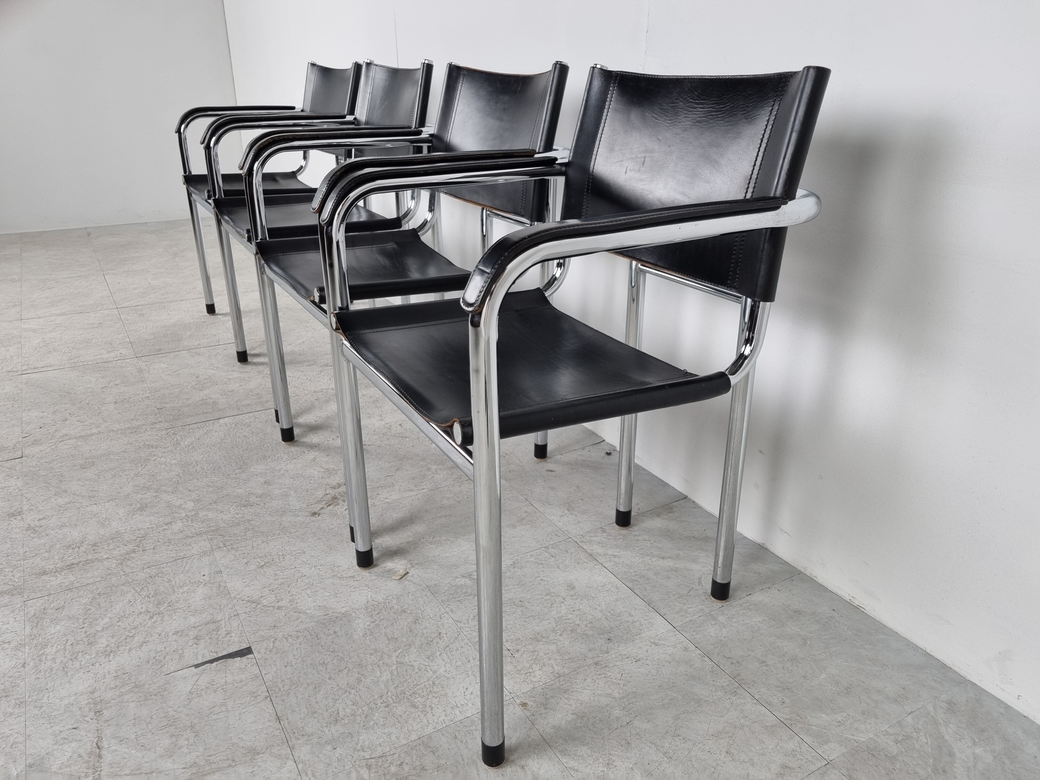 Vintage chrome and leather dining chairs set of 4 - 1980s