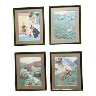 4 framed engravings by Dubout