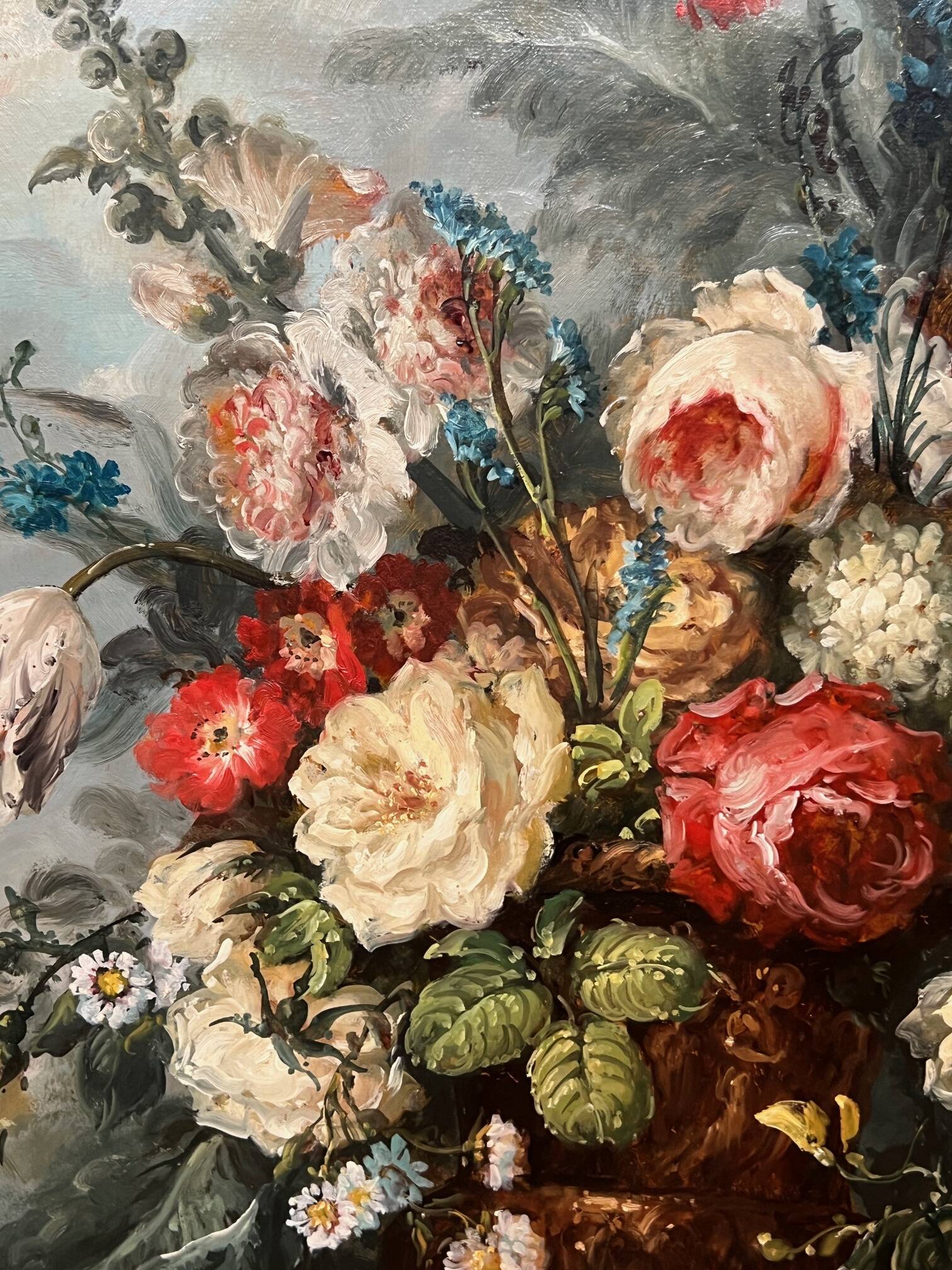 Georges Delcourt. Antique still life signed with flowers. Oil on canvas and panel.