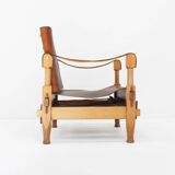 Vintage brutalist wood and cognac leather safari armchair, 1960s