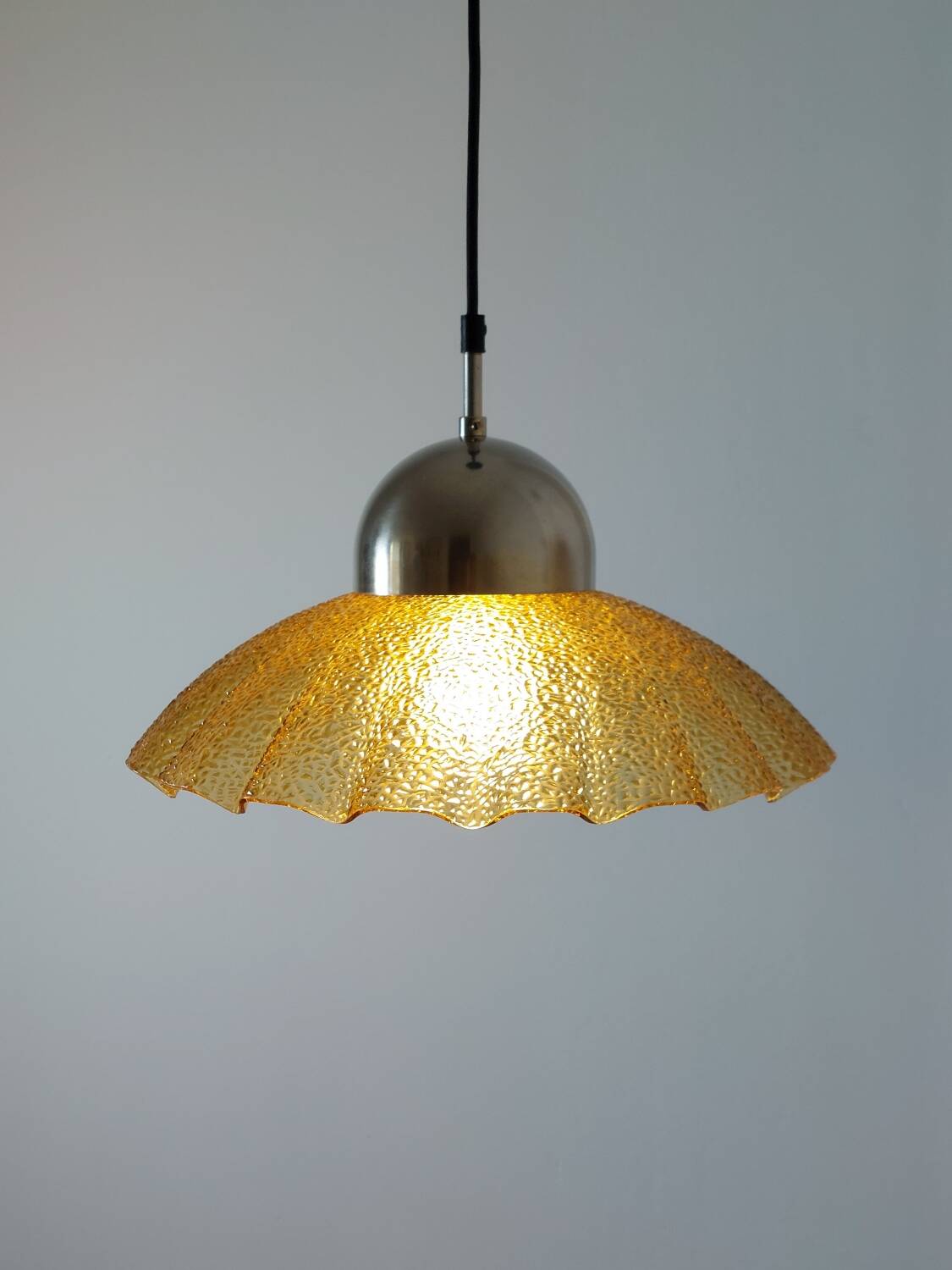 Vintage structured glass and metal pendant light 1980s