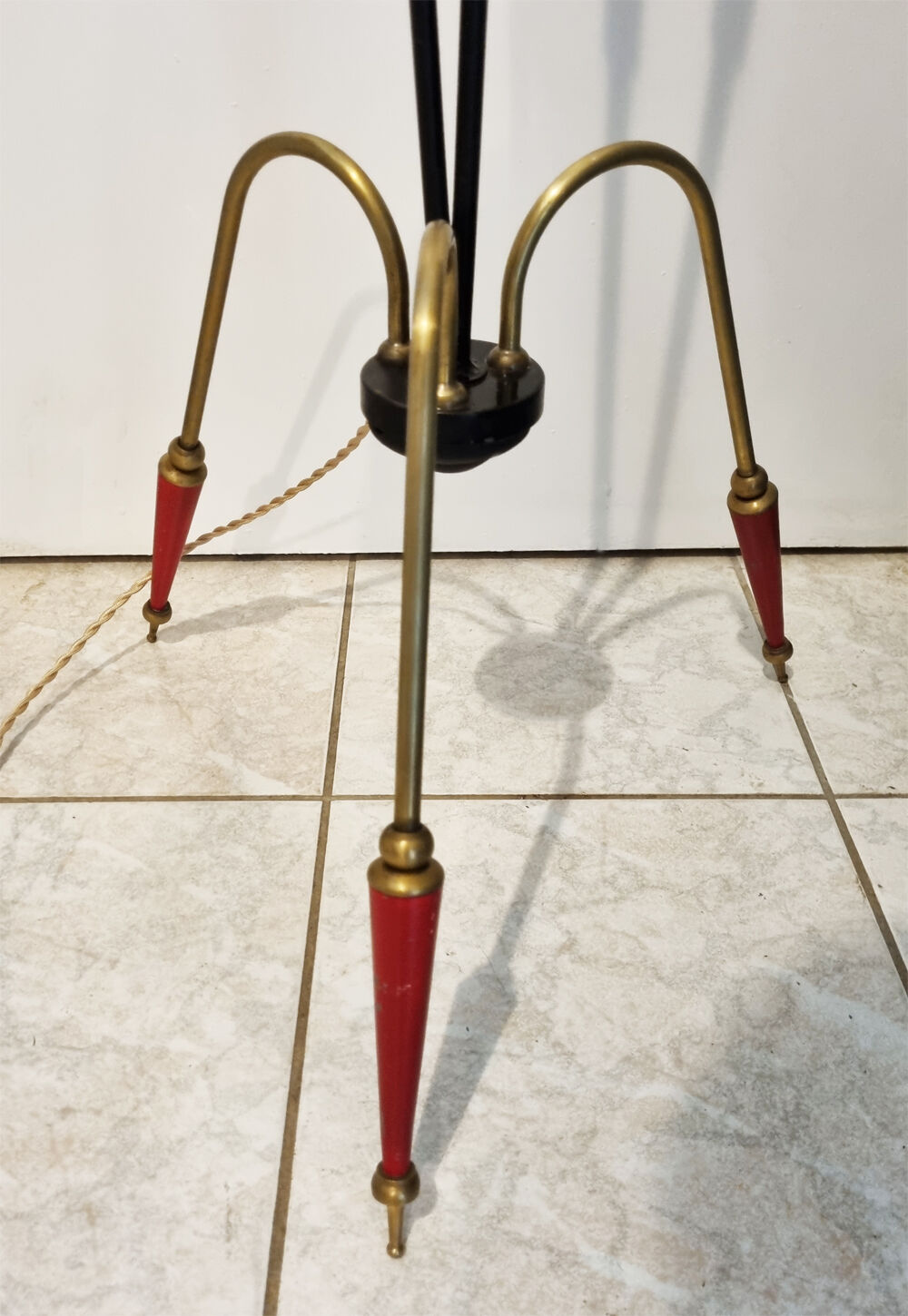 Tripod floor lamp design, steel, brass and opaline, vintage, 50s