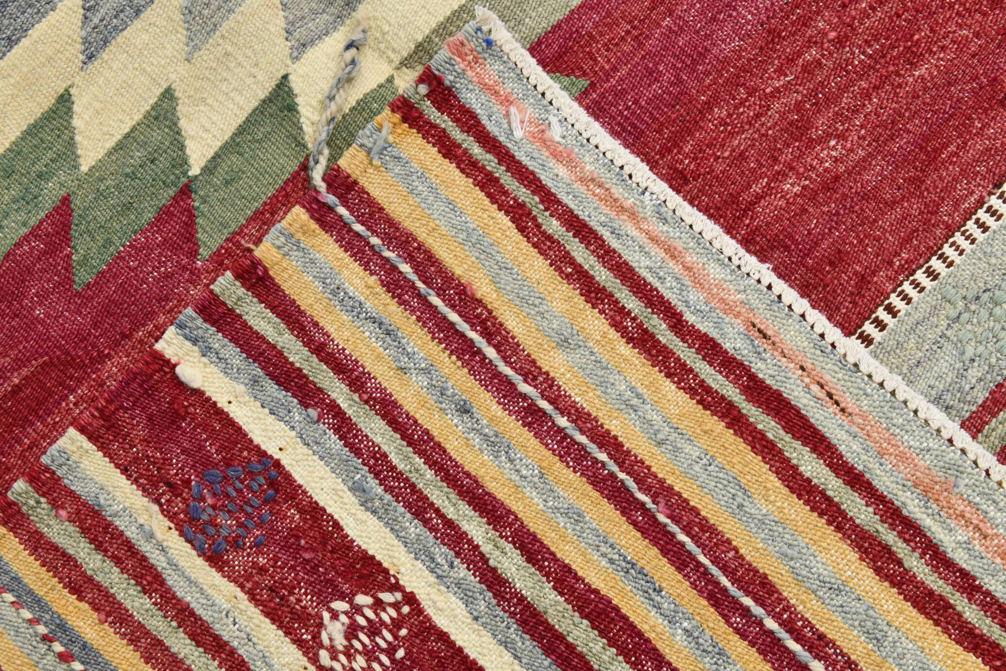 Wine Red & Green Turkish Kilim Rug, 156x224Cm