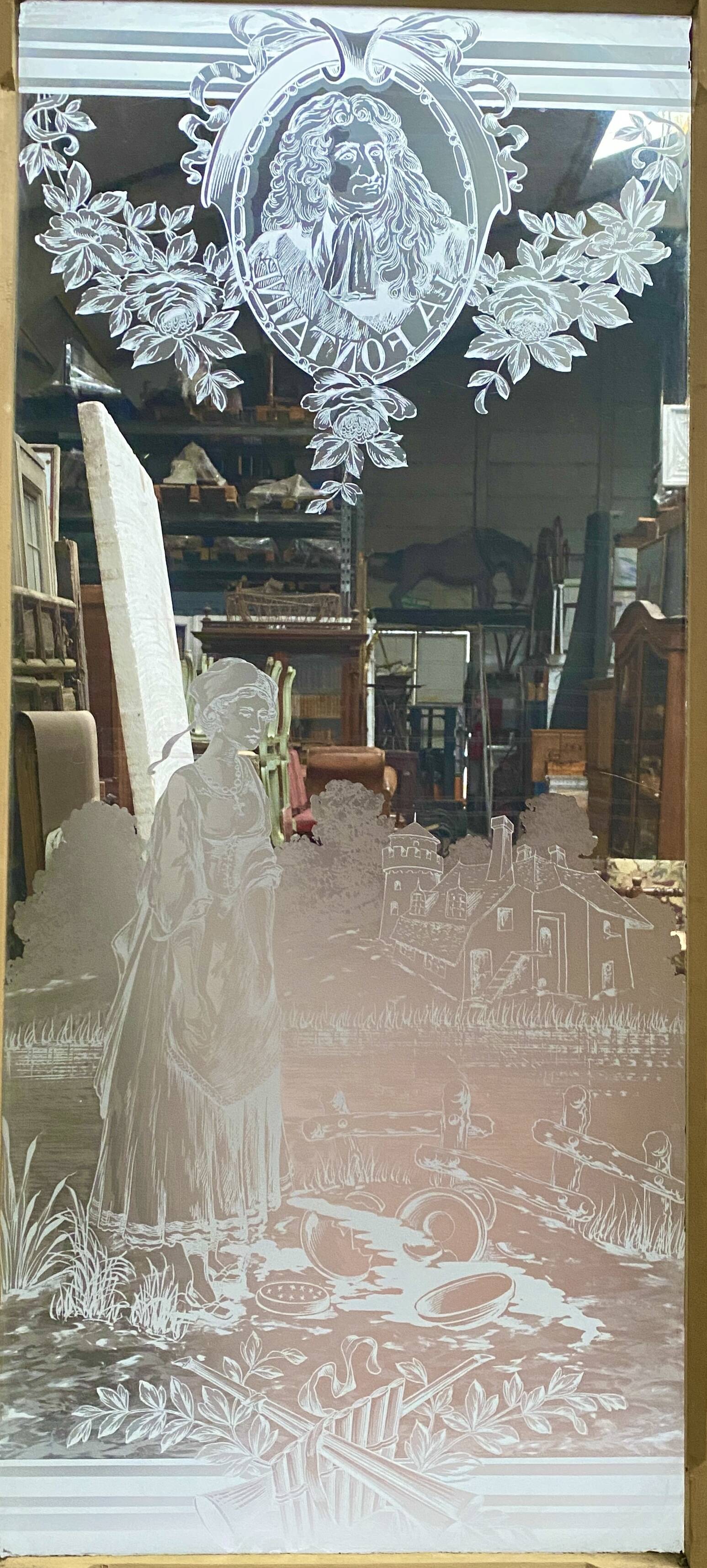Set of three Art Nouveau 20th-century wooden and etched glass partition doors