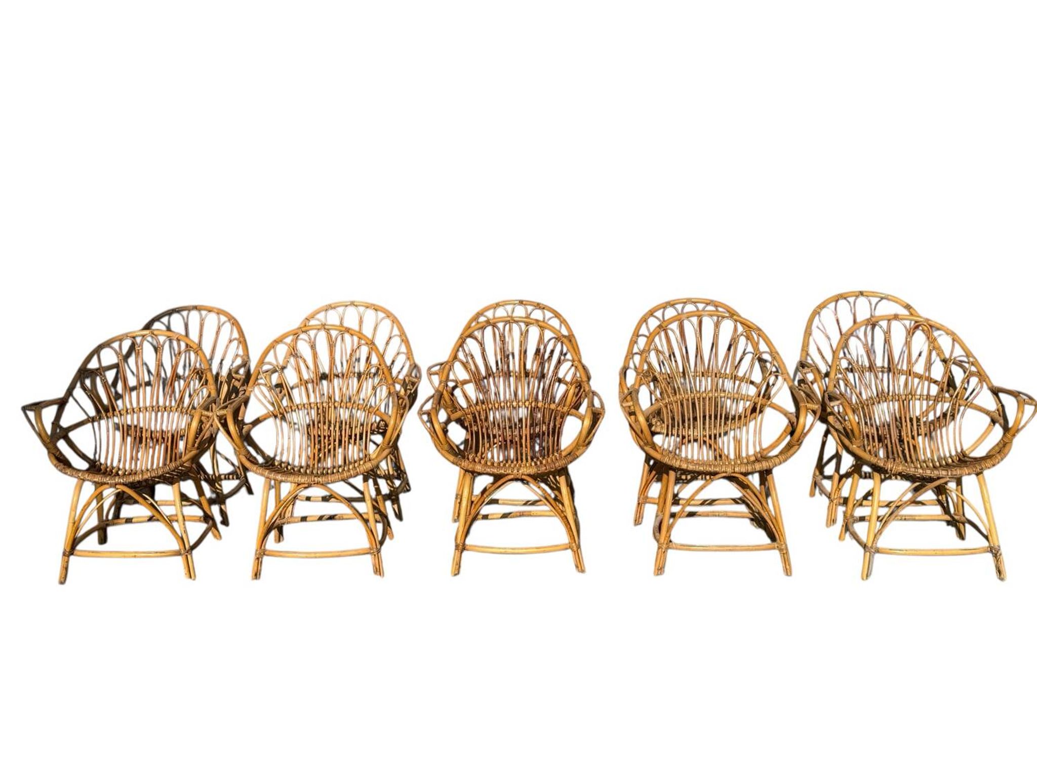 Set of 10 rattan armchairs from the 1960s, France.