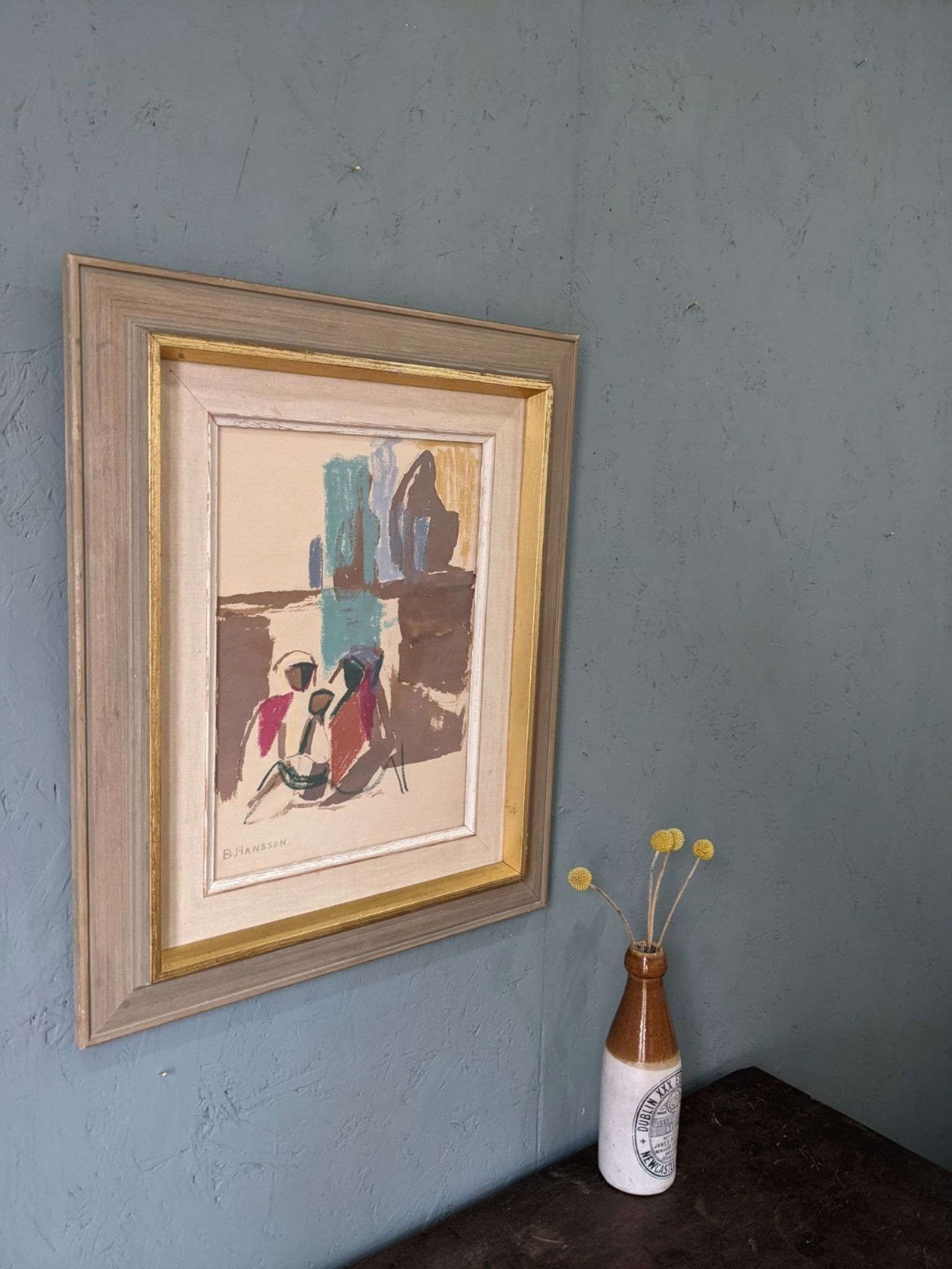 Mid-Century Modern Swedish "Seated Figures" Vintage Figurative Painting, Framed