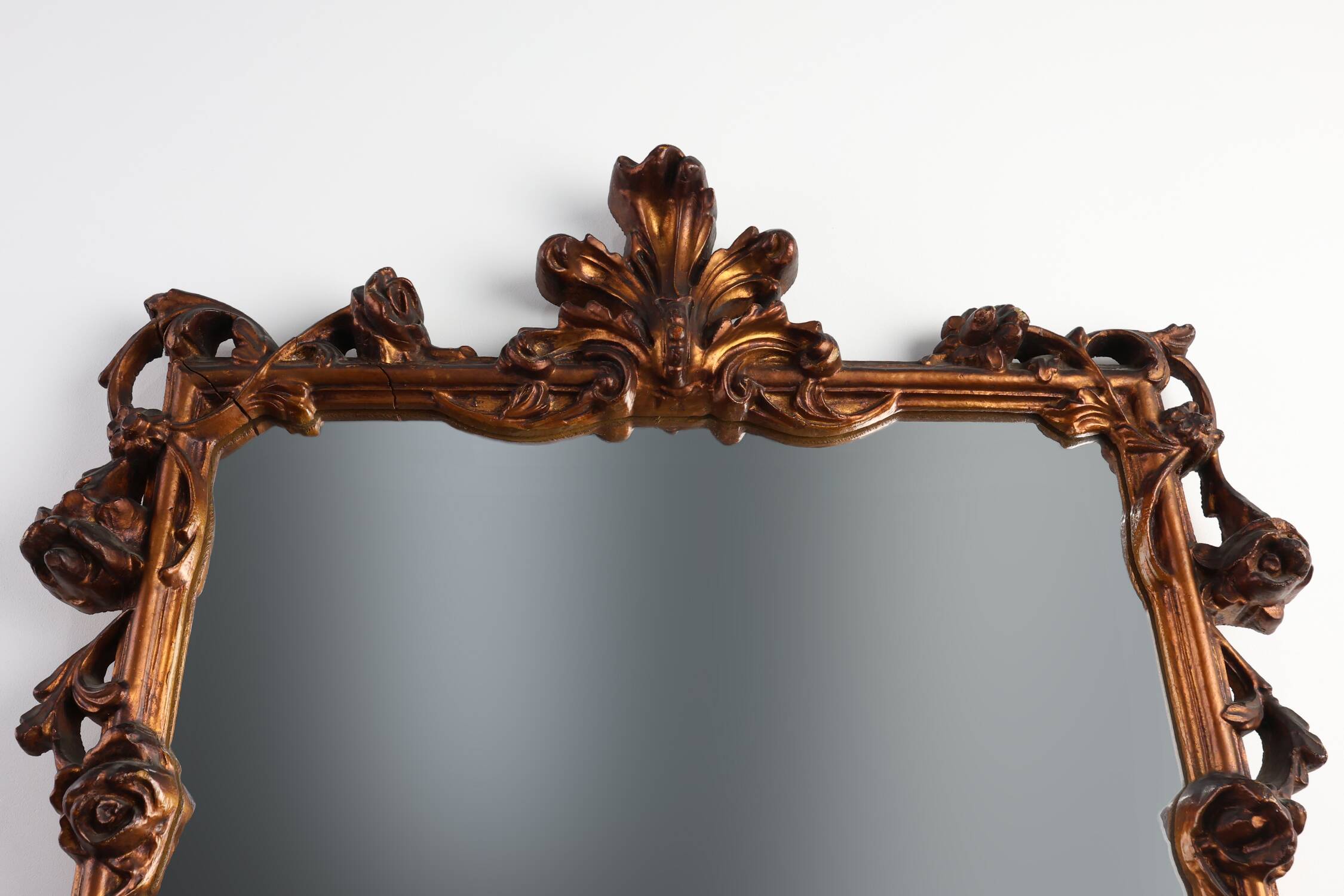 Romantic Wooden Mirror with Floral Details, France 1950s