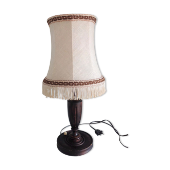 Turned wooden lamp and beige fabric lamp art deco style / 40s-50s