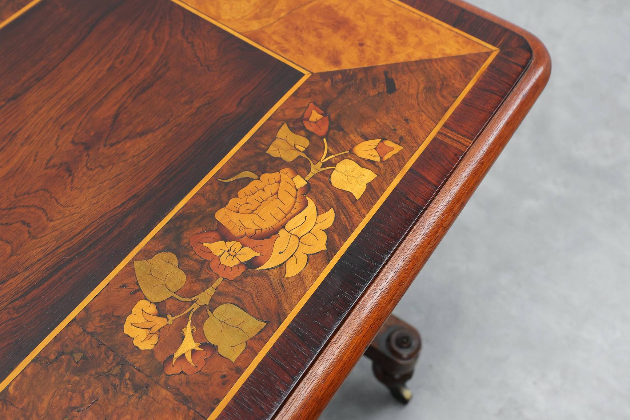 Victorian Walnut Side Table with Inlaid Top and Pierced Scroll Ends, Englan