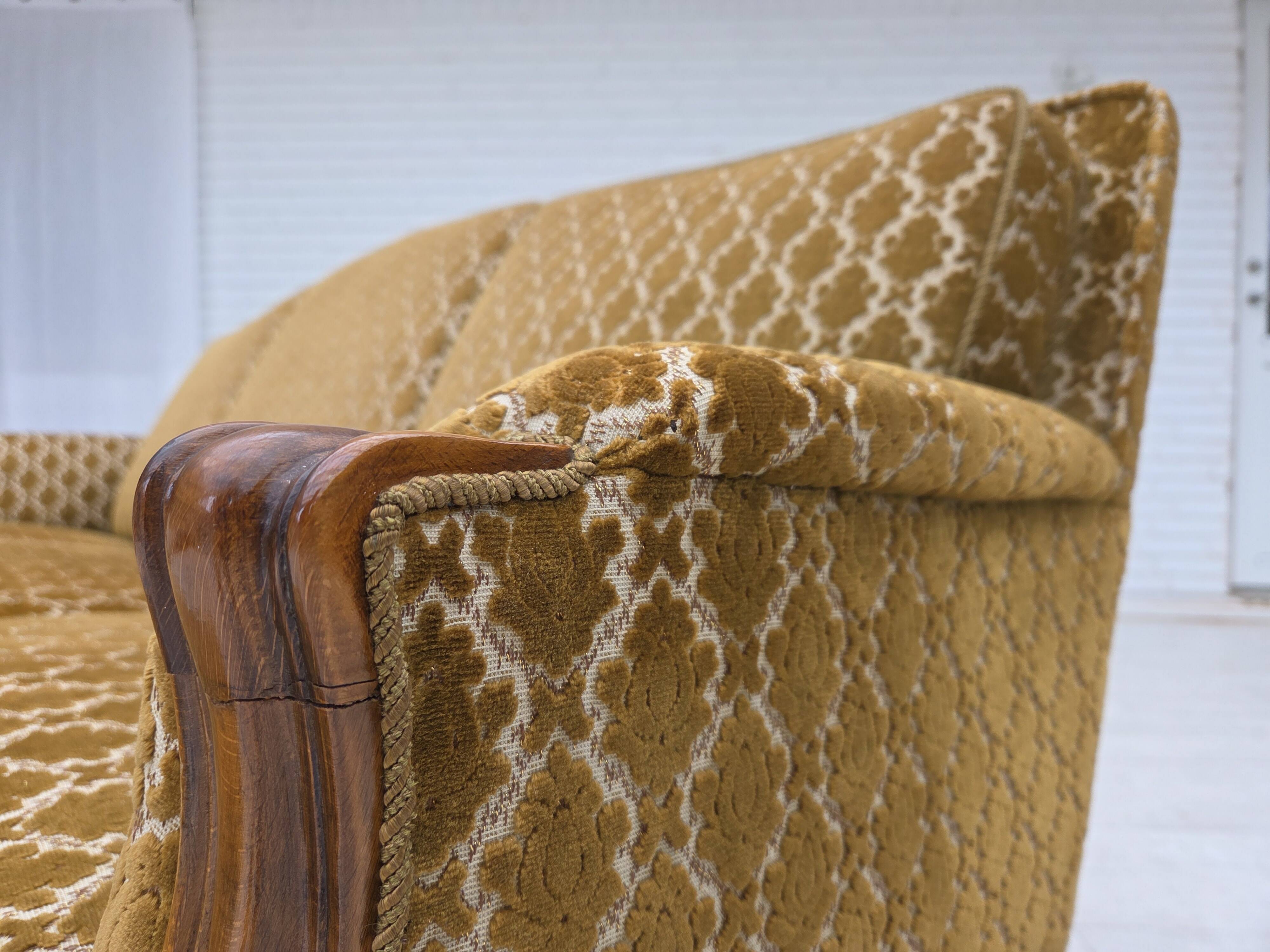 1950s, Danish 3-seater sofa, furniture velour, carved ash wood.