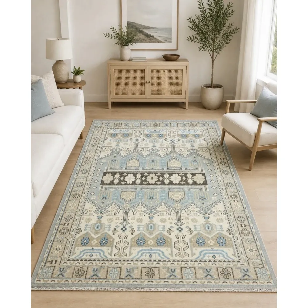 Hand-Knotted Wool Area Rug for Living Room, Decorative Oushak Blue and Ivory Floral Design Carpet