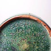 Vintage blue-green handcrafted pottery vase with incised tribal design by Eseka Pottery