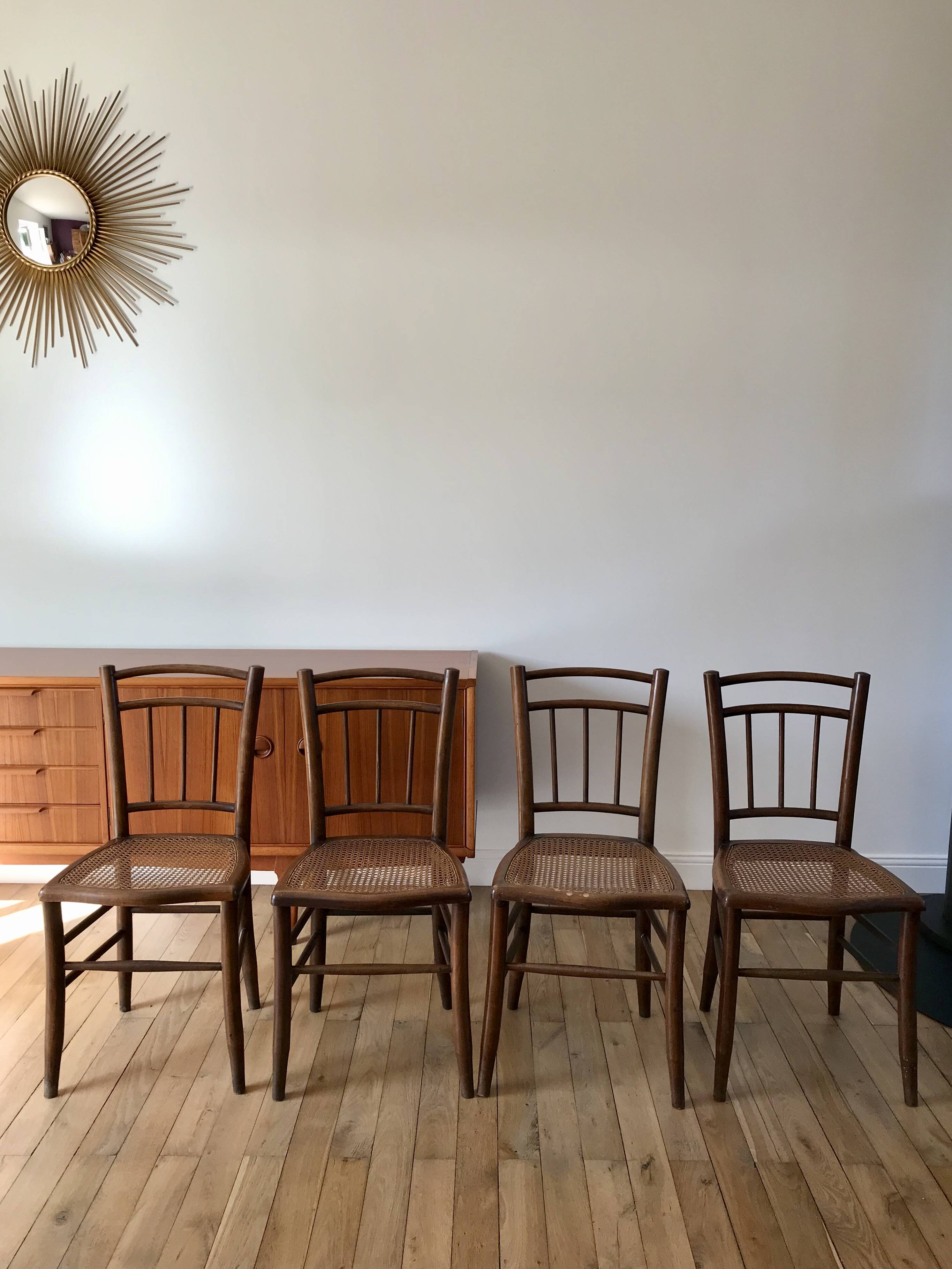 set of 4 bistro chairs in turned wood and canework stamped early 20th century