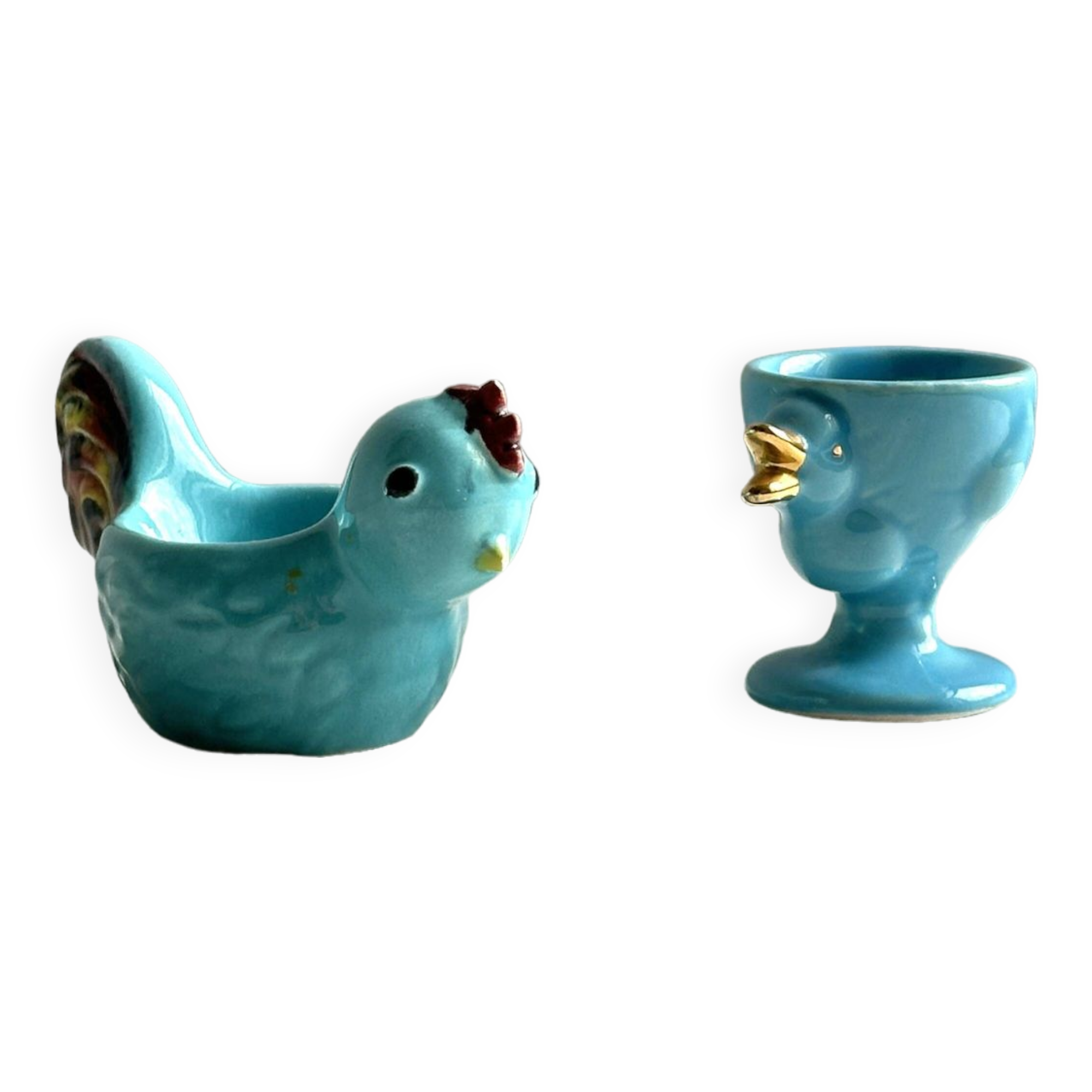 2 coquetiers en céramique bleue, coq et poussin