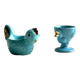 2 coquetiers en céramique bleue, coq et poussin