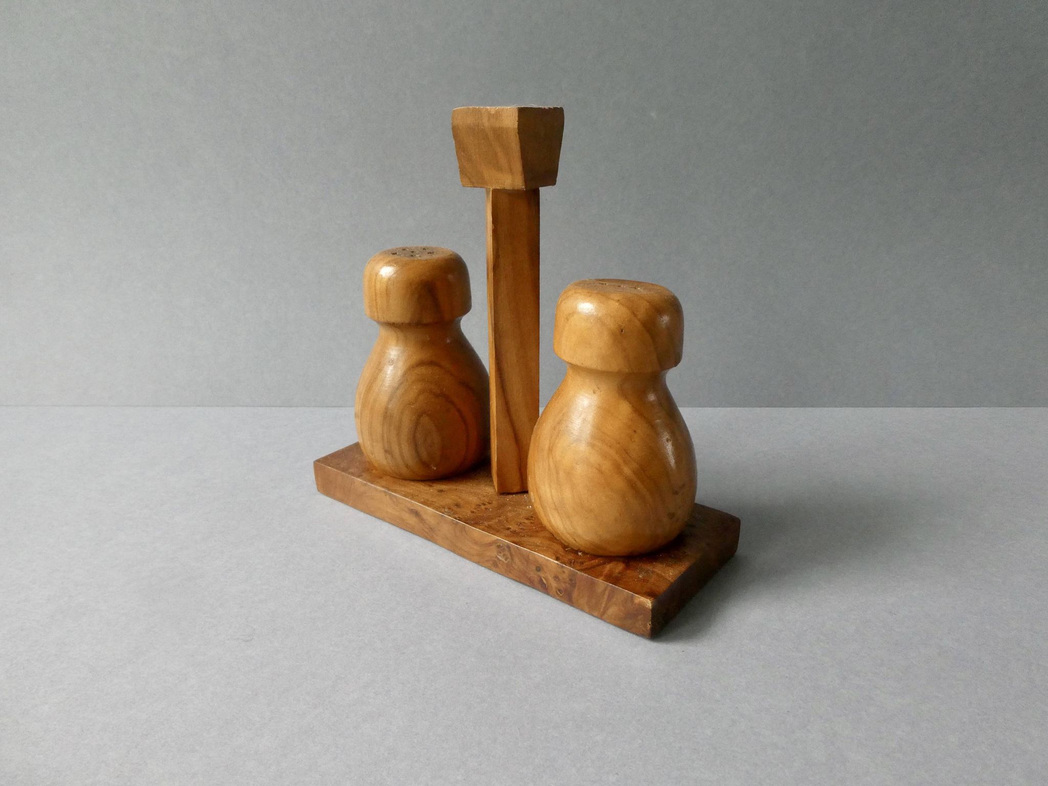 Olive wood and burl salt and pepper shakers, 1970s-80s.
