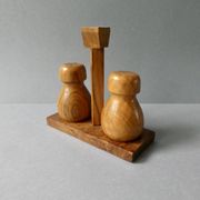 Olive wood and burl salt and pepper shakers, 1970s-80s.