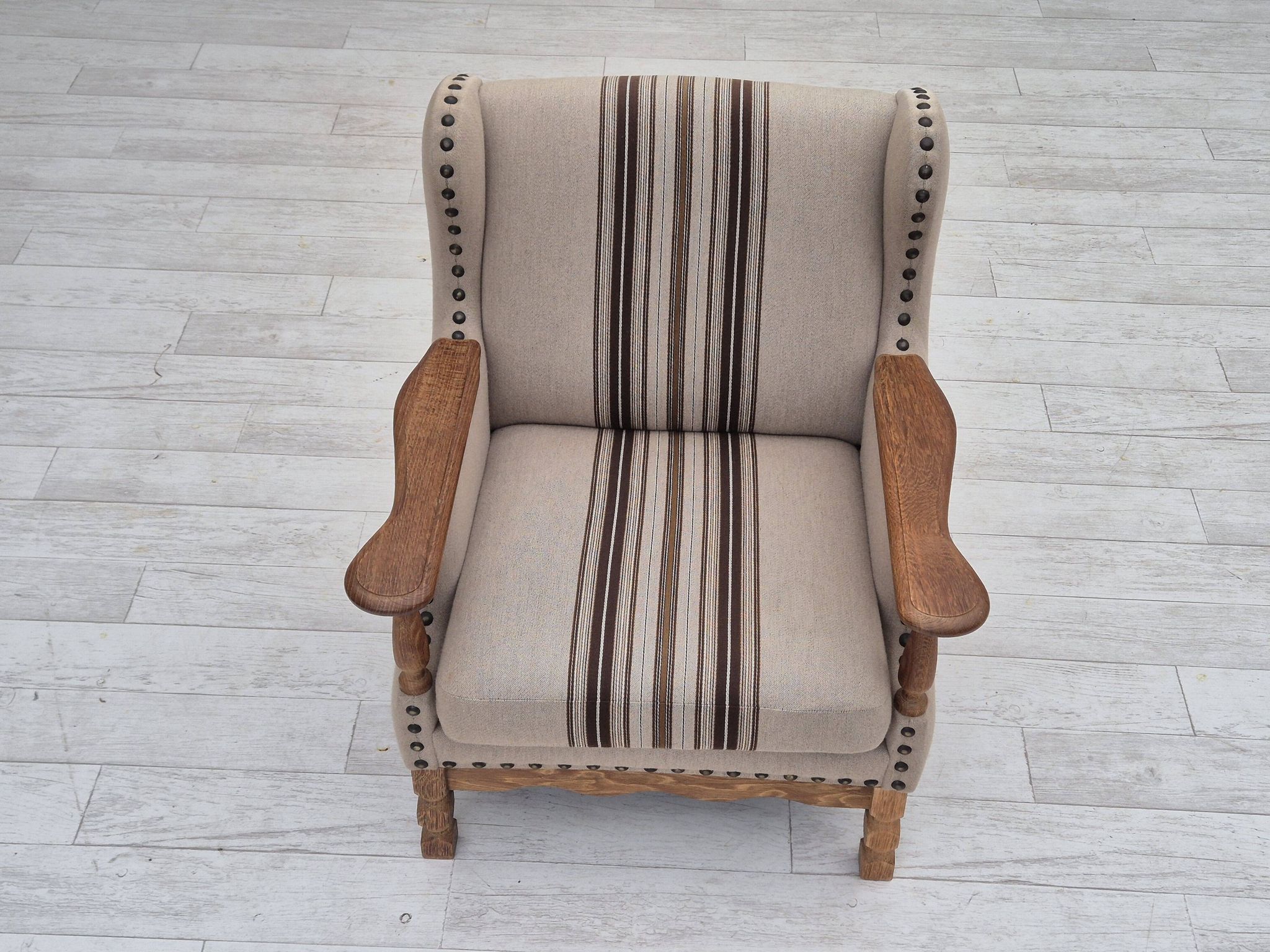 1970s, Danish armchair, furniture wool fabric, oak wood, original condition