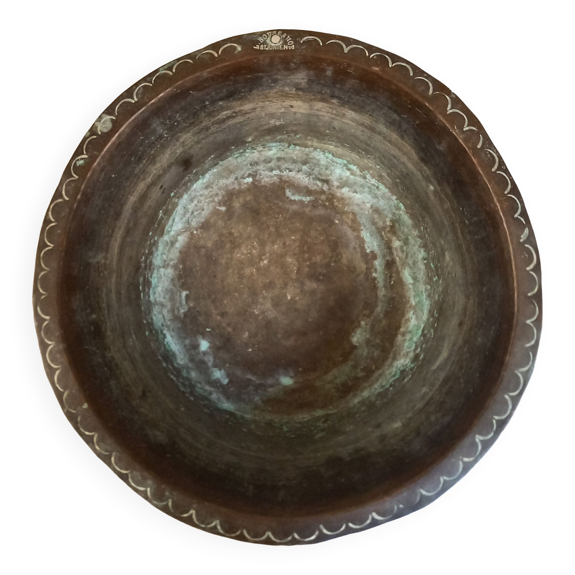 Old copper basin, stamped L.Roussange, Saint-Junien