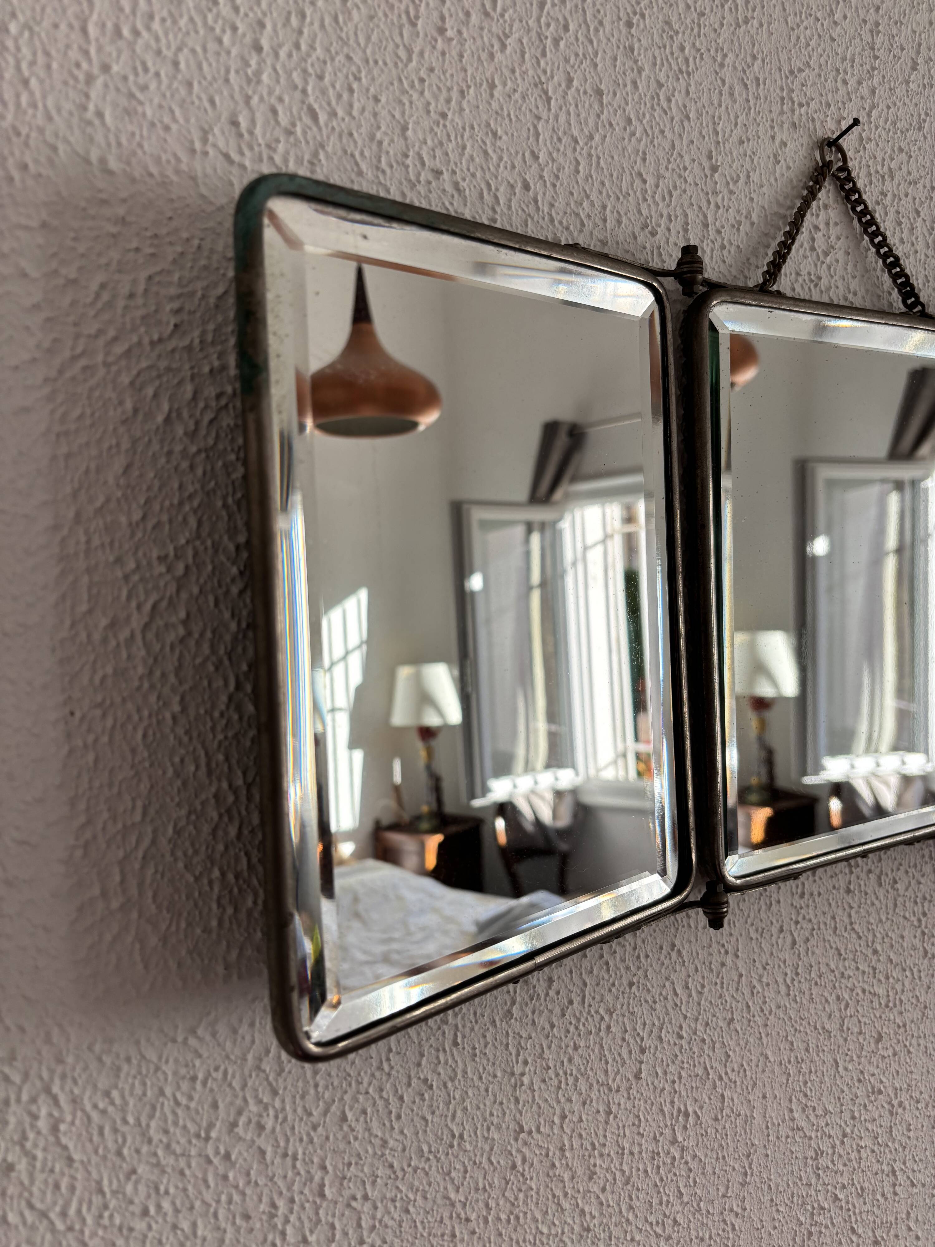 Miroir vintage 1930 triptyque barbier cristal biseauté- 25 x 58 cm