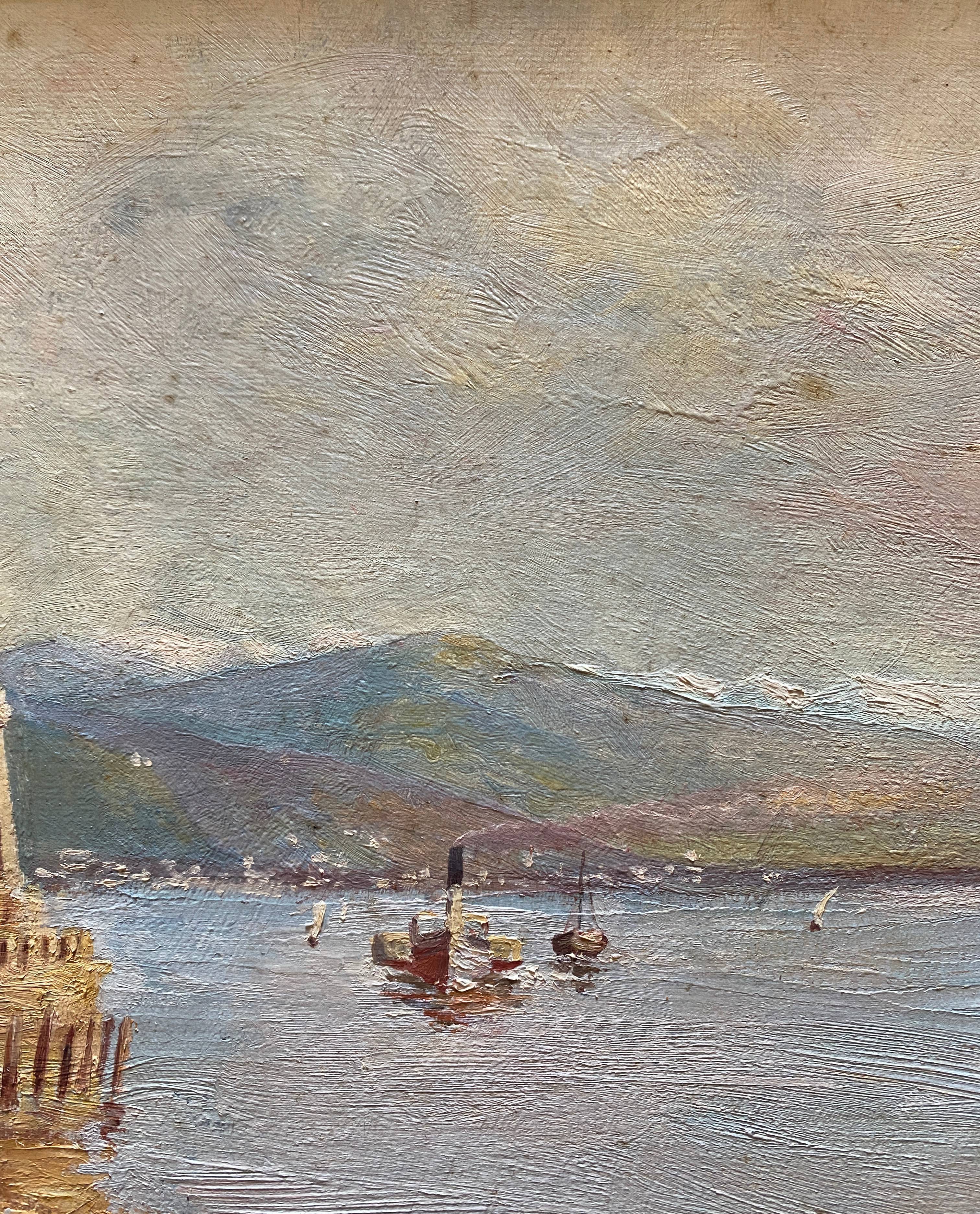 HST XIX° painting "Marine with lighthouse and boats" Italian Orientalist style + frame