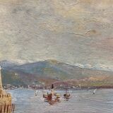 HST XIX° painting "Marine with lighthouse and boats" Italian Orientalist style + frame