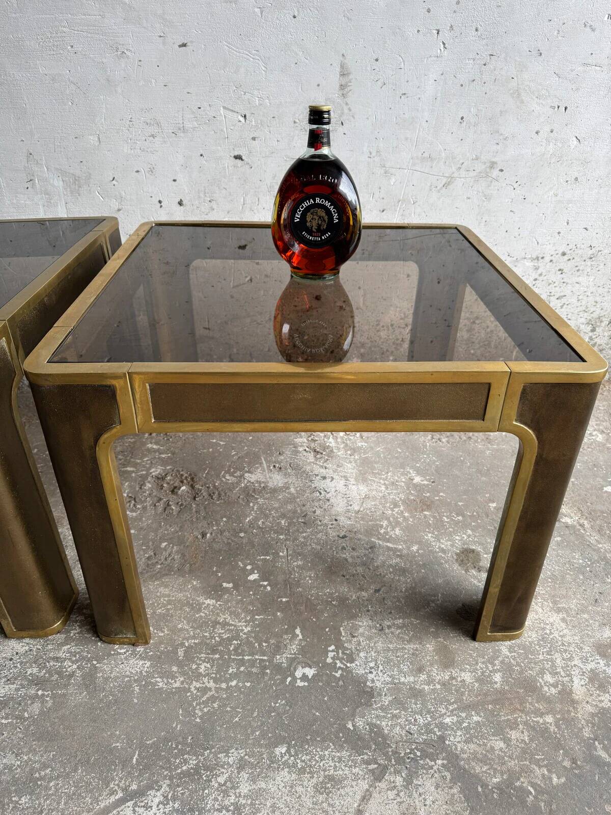 Pair of Gold Bronze Side Tables with Smoked Glass Tops — Solid Bronze, 1970s Belgian Design