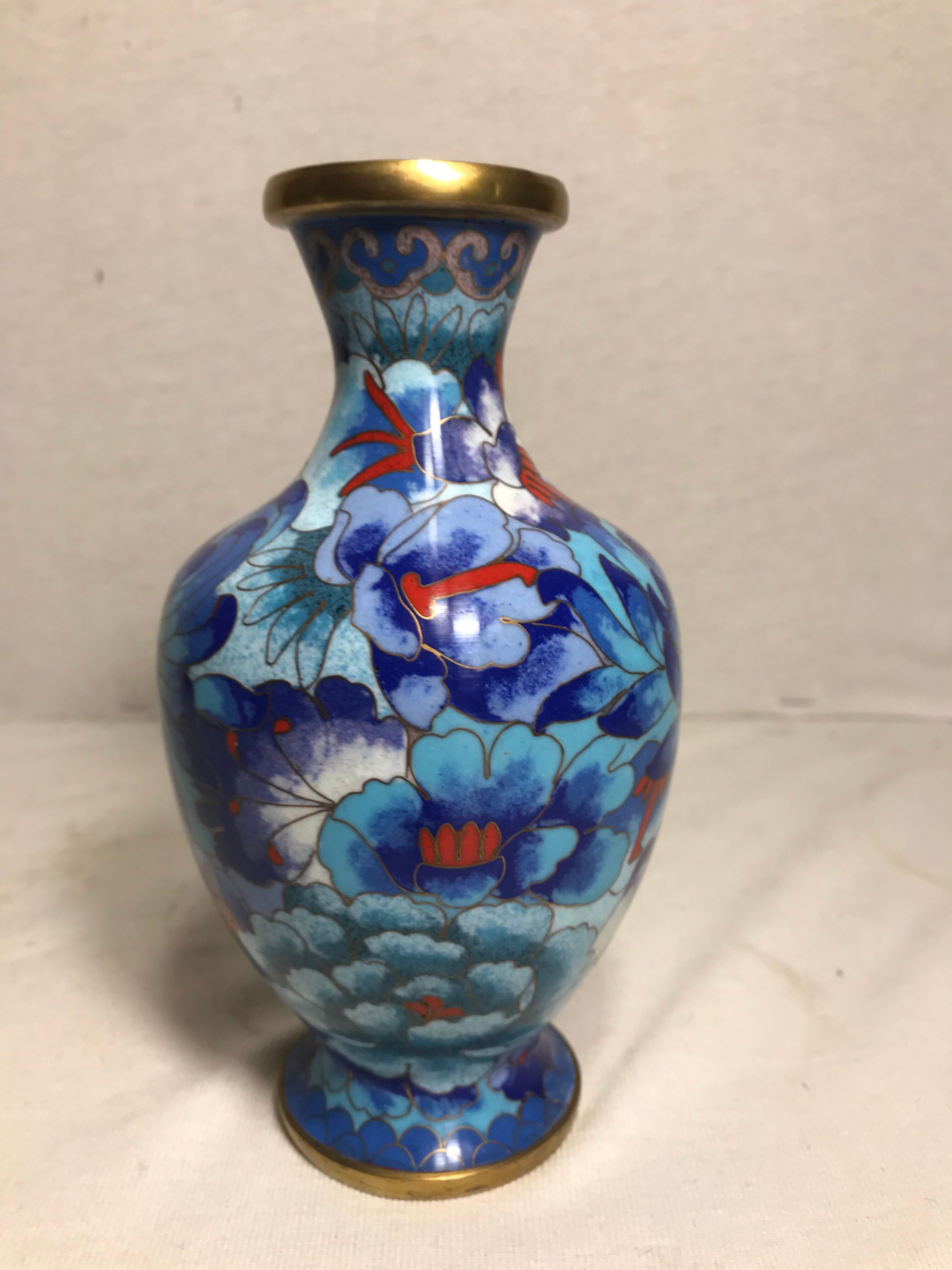 Old brass enameled flowers drawings cloisonné Vase Decoration Vintage