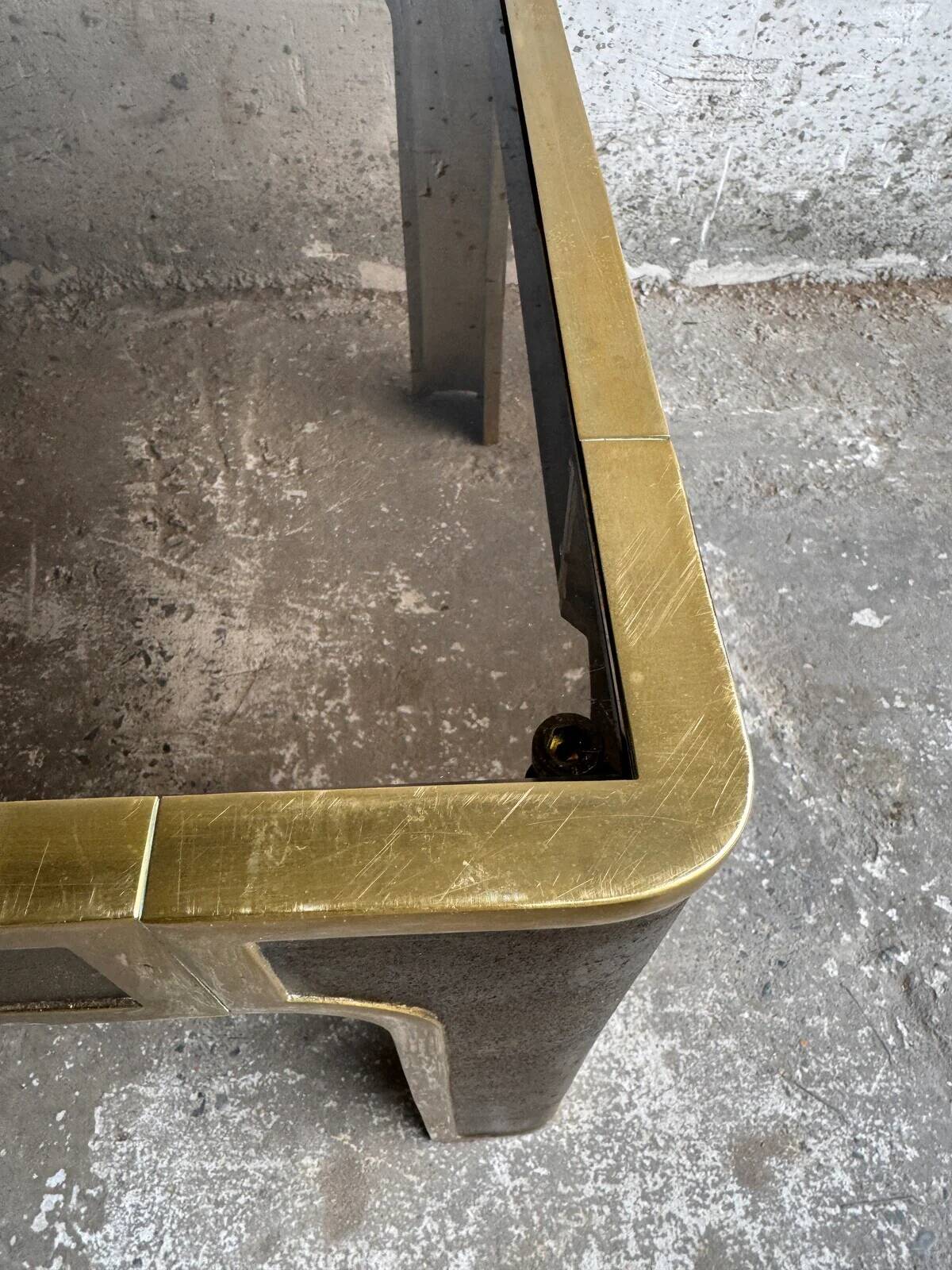 Pair of Gold Bronze Side Tables with Smoked Glass Tops — Solid Bronze, 1970s Belgian Design