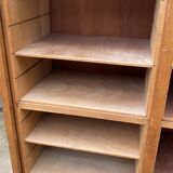 Double-column oak filing cabinet with curtains, 1950s.