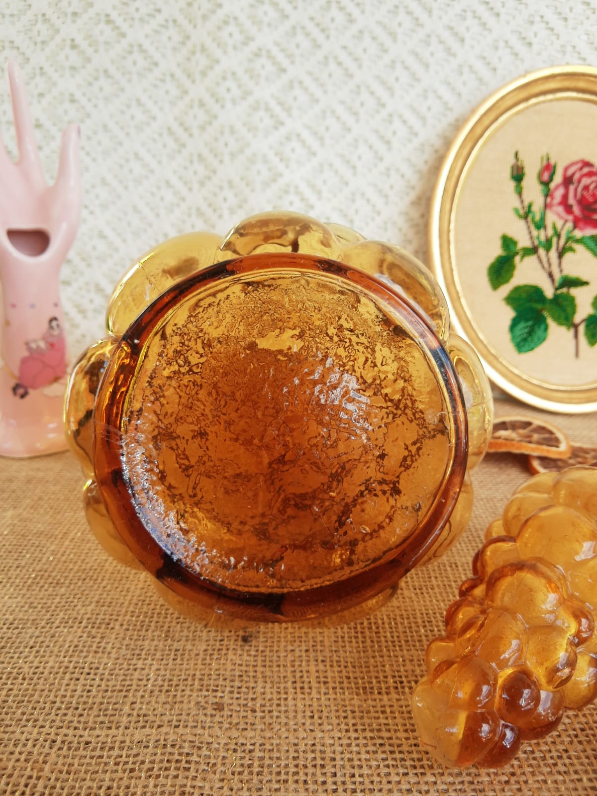 Italian decanter made of amber yellow empoli glass grape-shaped bubbles - vintage
