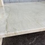 Table basse sculpturale travertin et verre, vintage 1980s