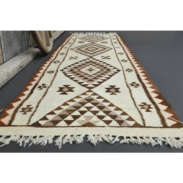 1970s Vintage Turkish Hand-Knotted Wool Cotton Beige Runner Rug 92x355