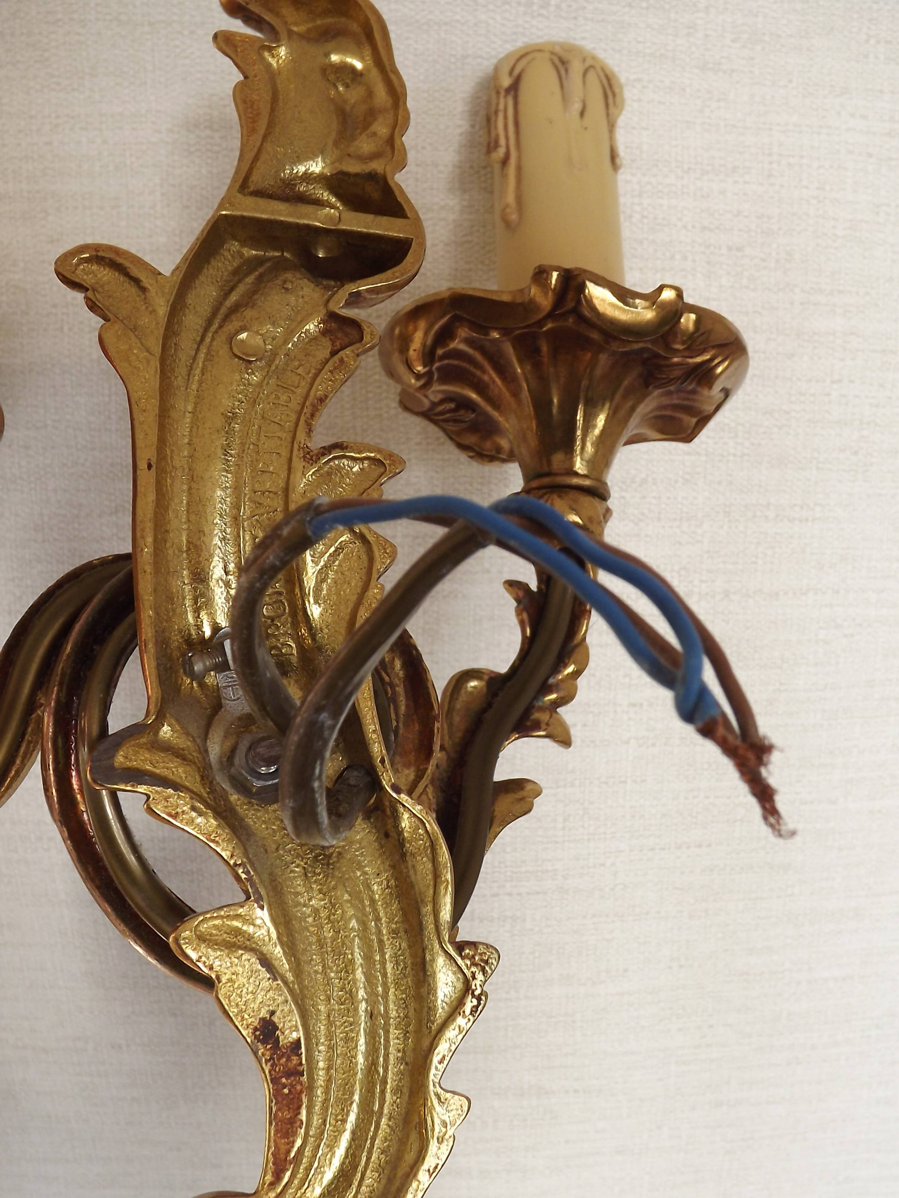 Stylish Vintage French Bronze Double Wall Sconces with Acanthus Leaf Detail