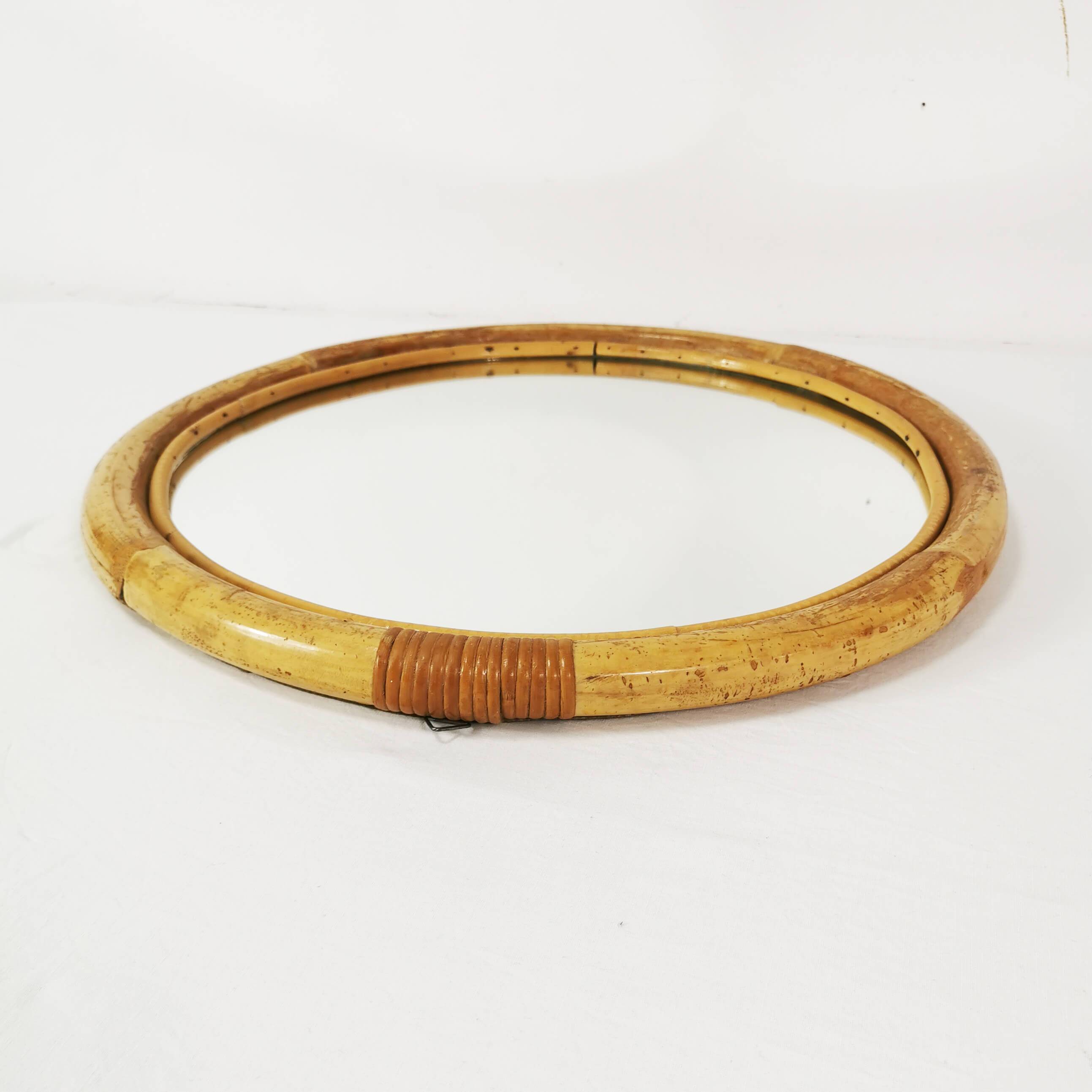 Wall-mounted, round bamboo mirror, Germany, 1970s.