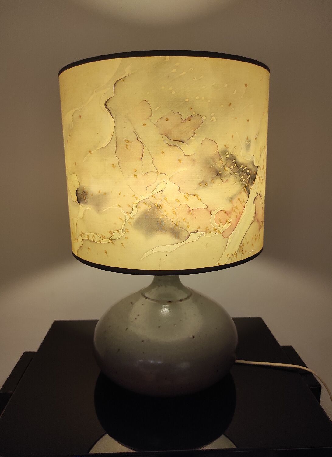 Vintage ceramic lamp signed & hand-painted silk shade 70s
