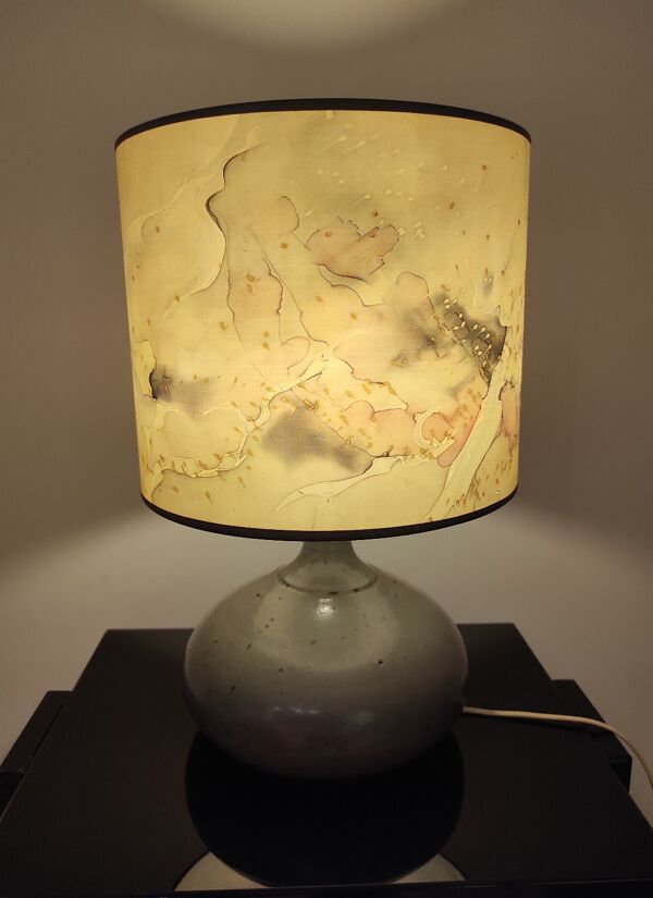 Lampe vintage céramique signée & abat-jour soie peint main 70s