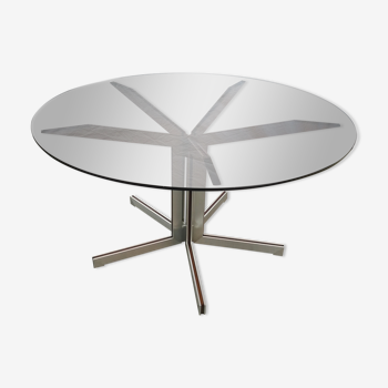 Table ronde, verre fumé en palissandre et aluminium par Claude Gaillard pour ligne roset, 1970