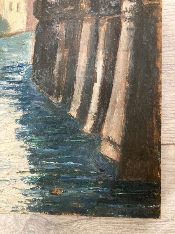 Huile sur panneau cours d'eau vintage